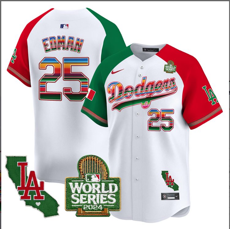 Men MLB Mexico Los Angeles Dodgers #25 Edman white 2024 World Series Champions Patch Jersey 2024110